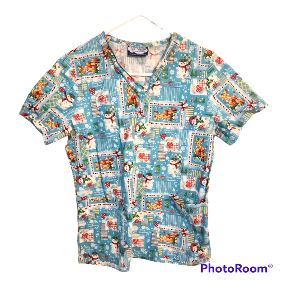 Comfy Cotton Scrub Top Small Blue White Snowman & Reindeer
